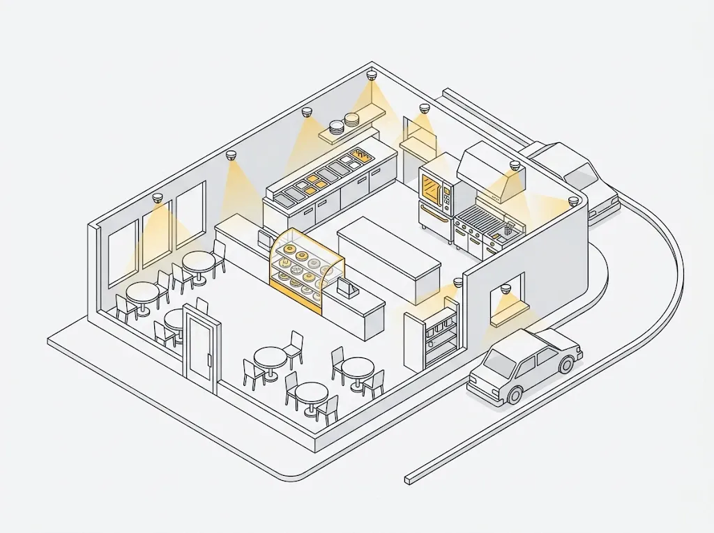 Cutaway of a restaurant with cameras watching the drive-thru, counter, display case, makeline, oven and pass