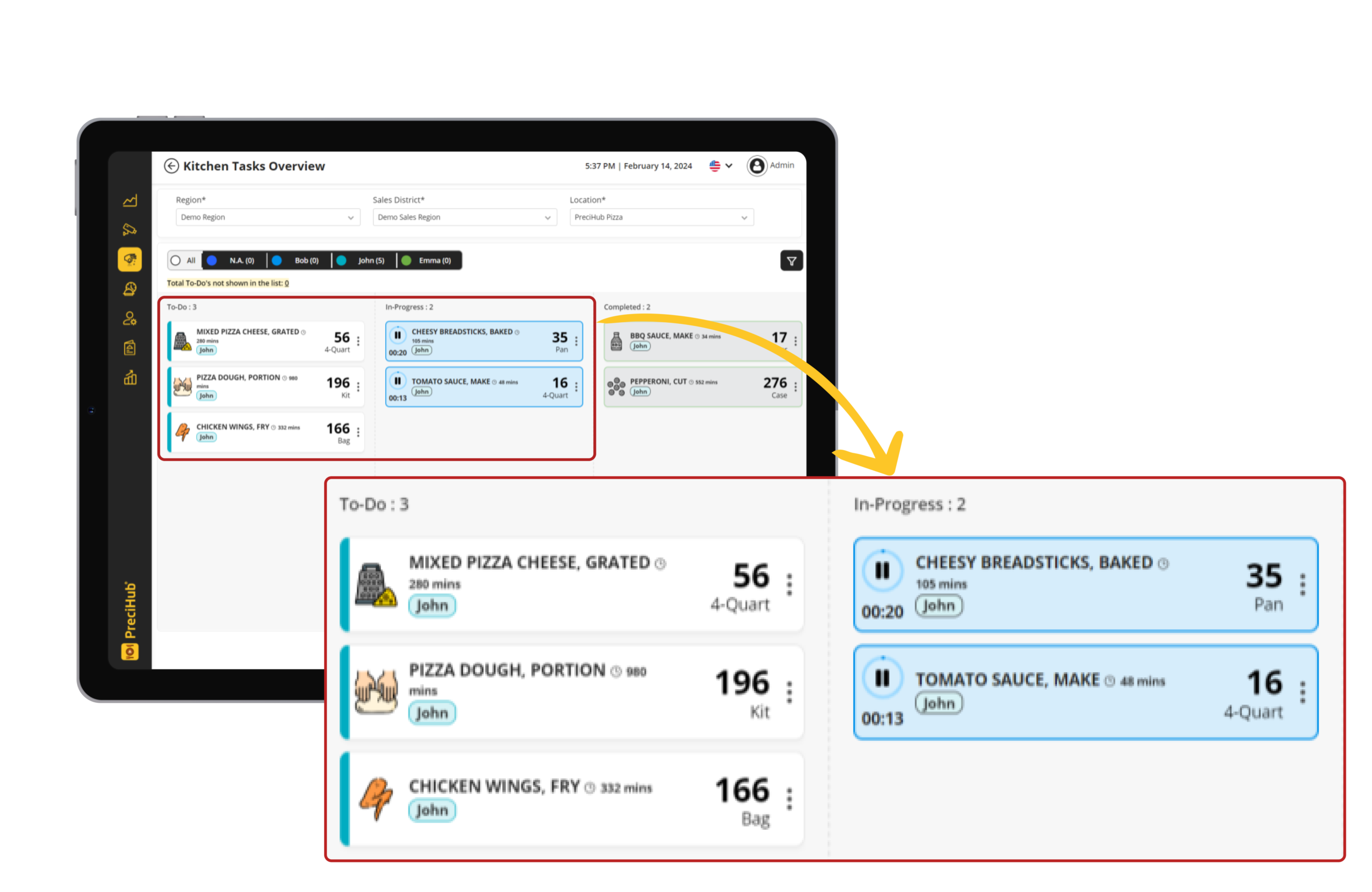 Prep assistant example display on tablet in a restaurant